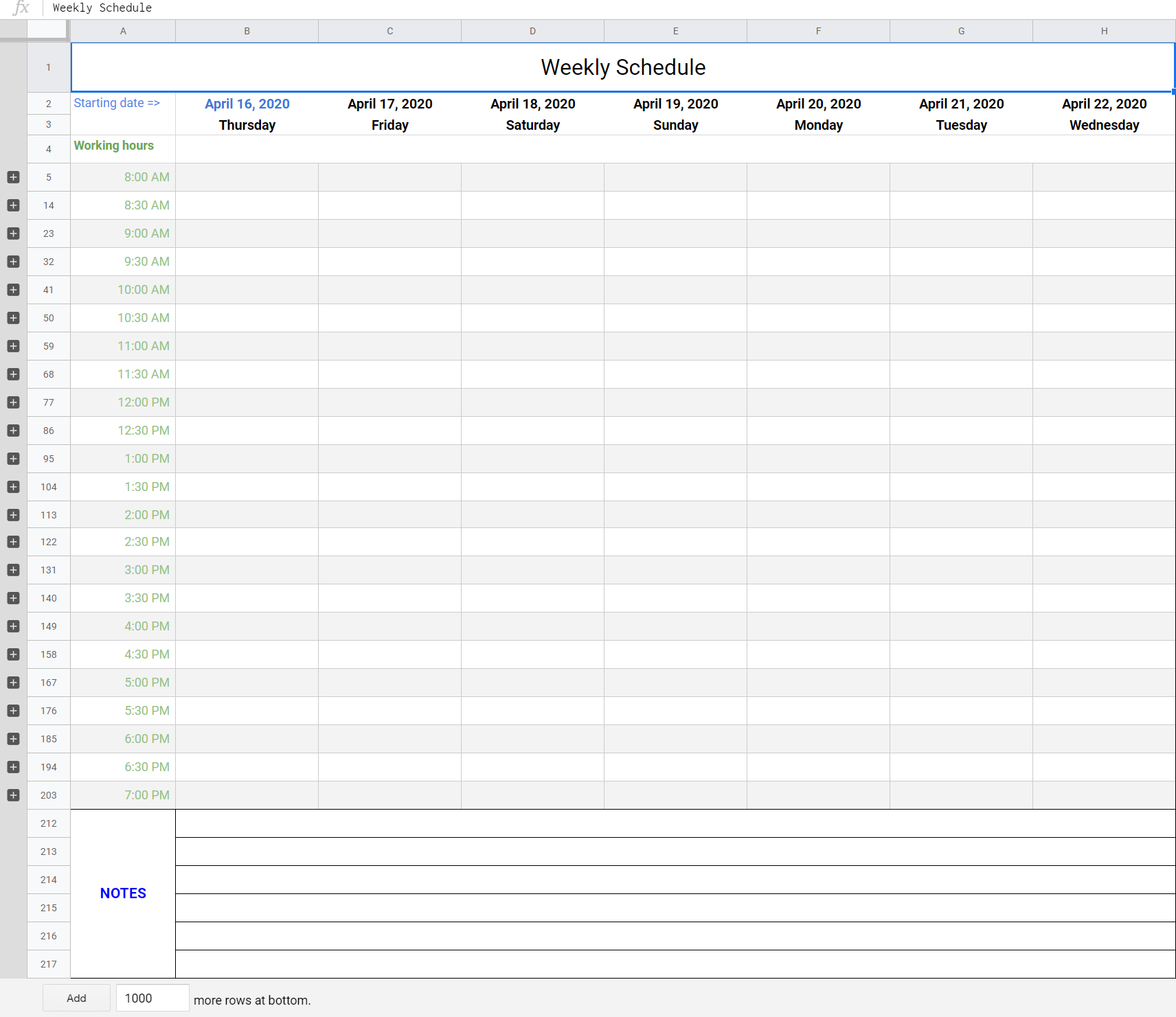 Weekly Schedule Template in Google Sheets