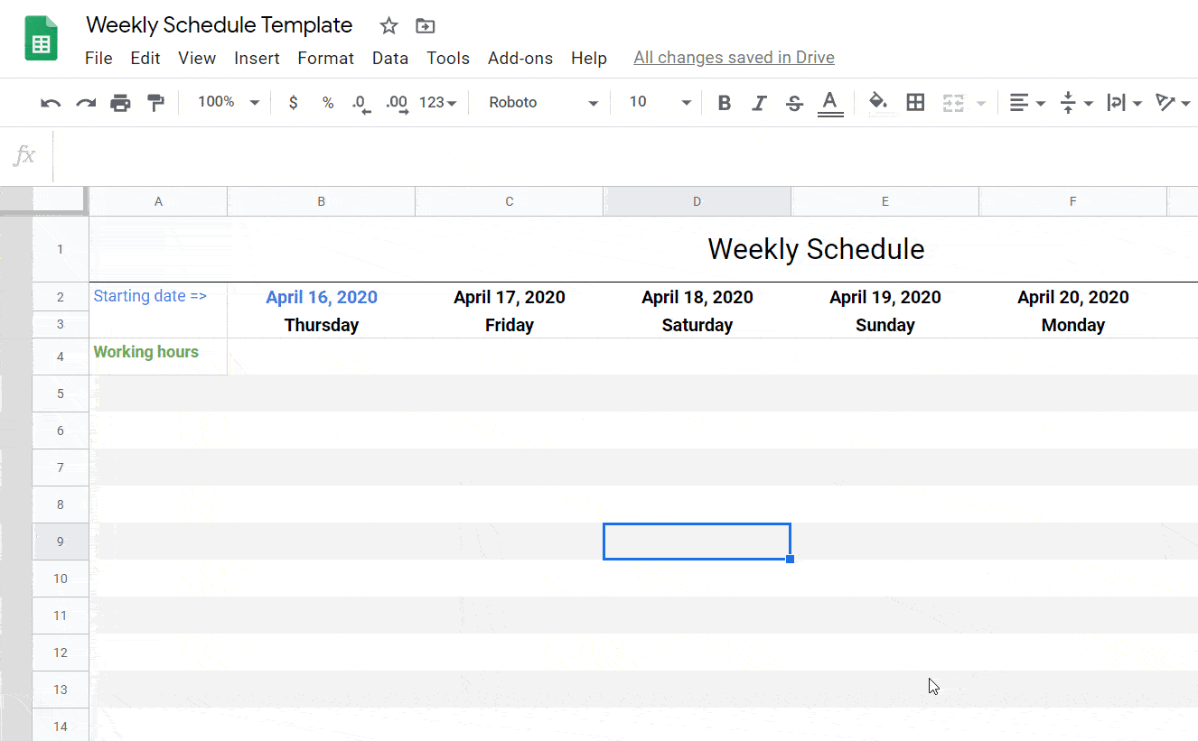 Working hours in weekly schedule