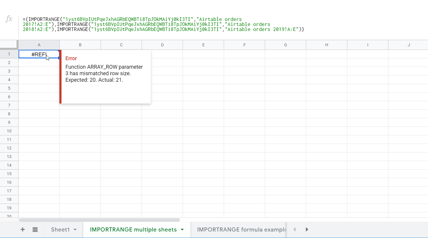 IMPORTRANGE Error: Function ARRAY_ROW parameter 3 has mismatched row size. Expected: 20. Actual: 21