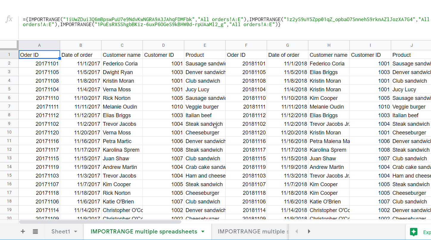 IMPORTRANGE multiple spreadsheets horizontal merge