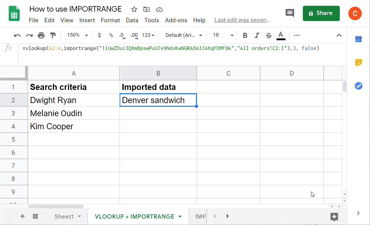 ARRAYFORMULA + VLOOKUP and IMPORTRANGE formula example