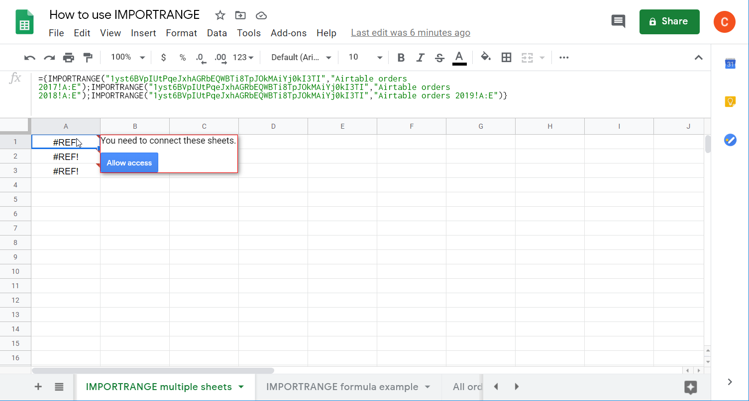 Click Allow access to connect multiple sheets