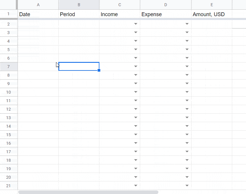The Import your income/expenses sheet