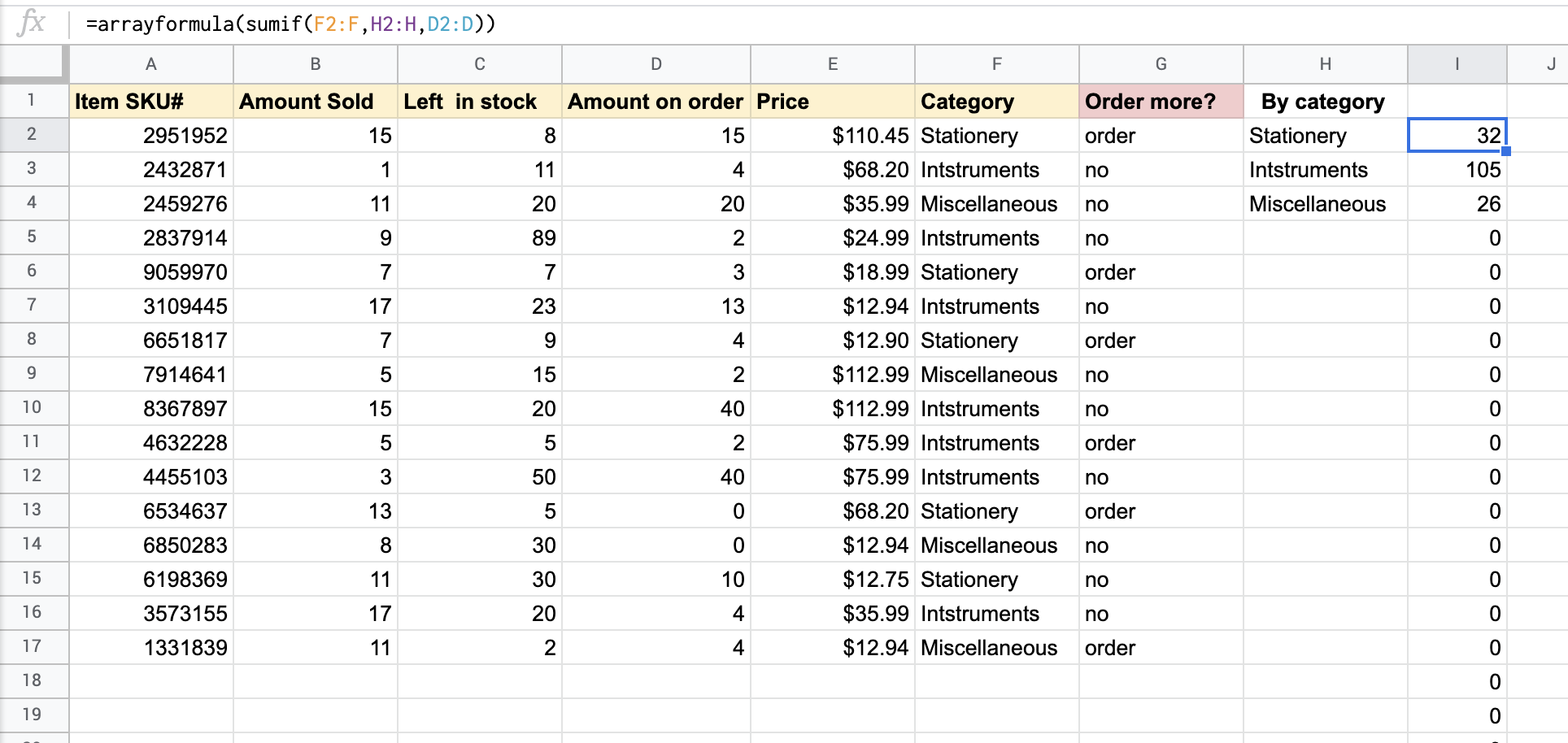 ARRAYFORMULA + SUMIF formula example