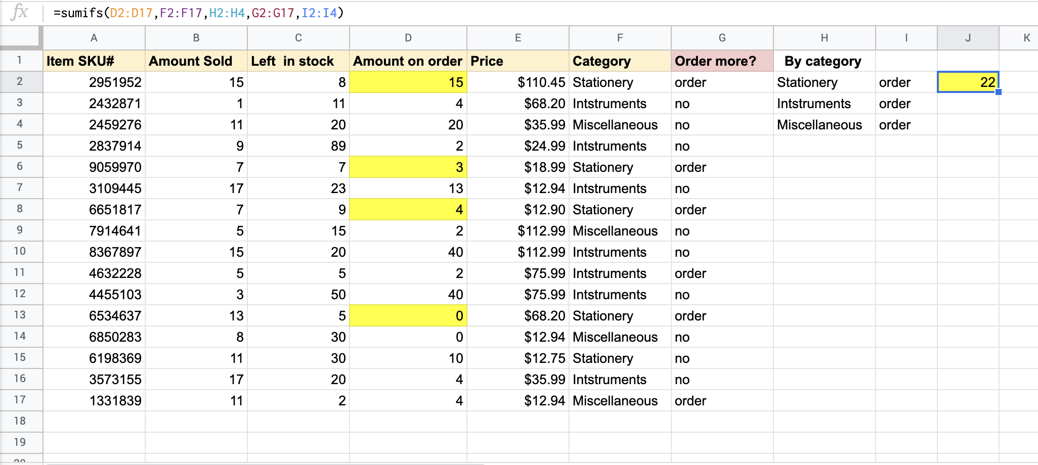 SUMIFS formula example