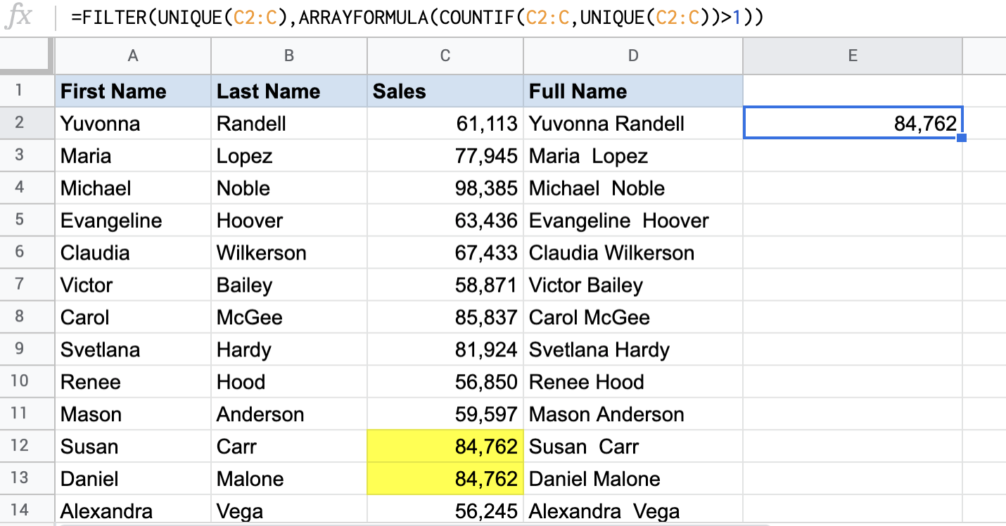 How to filter out duplicates in Google Sheets: FILTER, UNIQUE, ARRAYFORMULA, COUNTIF formula example