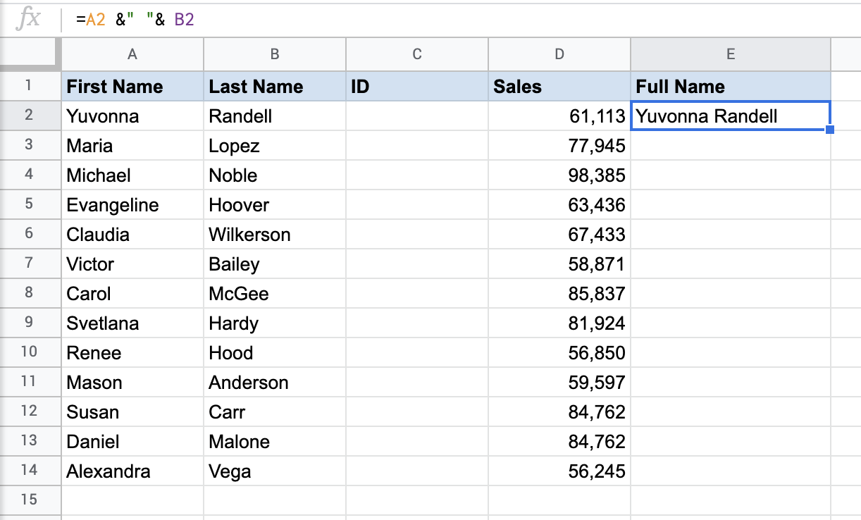 Combine text in Google Sheets formula example