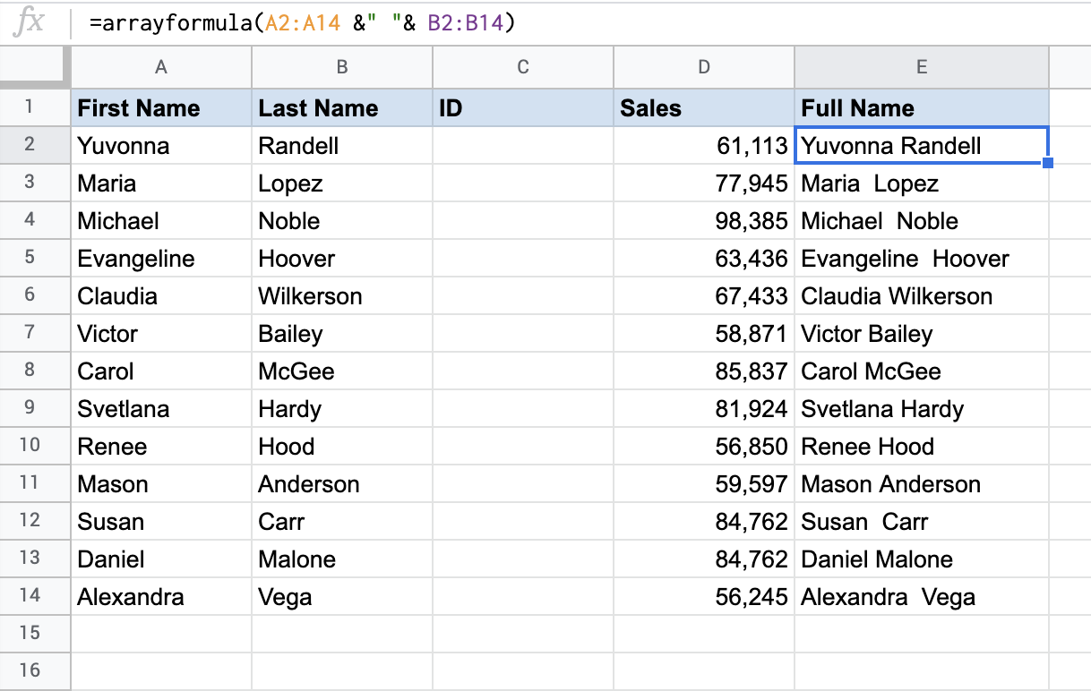 ARRAYFORMULA to combine an array of cells