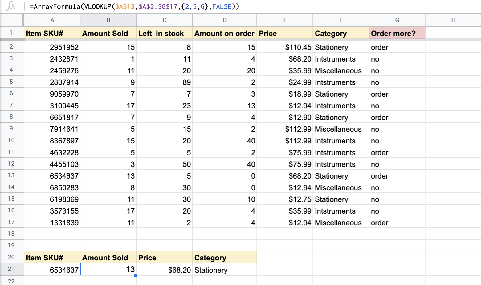 ARRAYFORMULA and VLOOKUP formula example