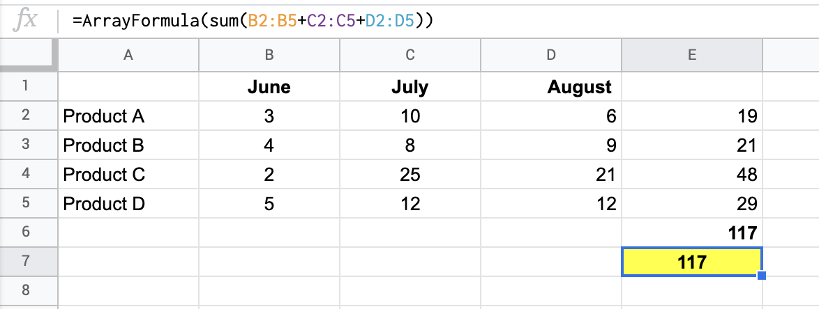 ARRAYFORMULA example