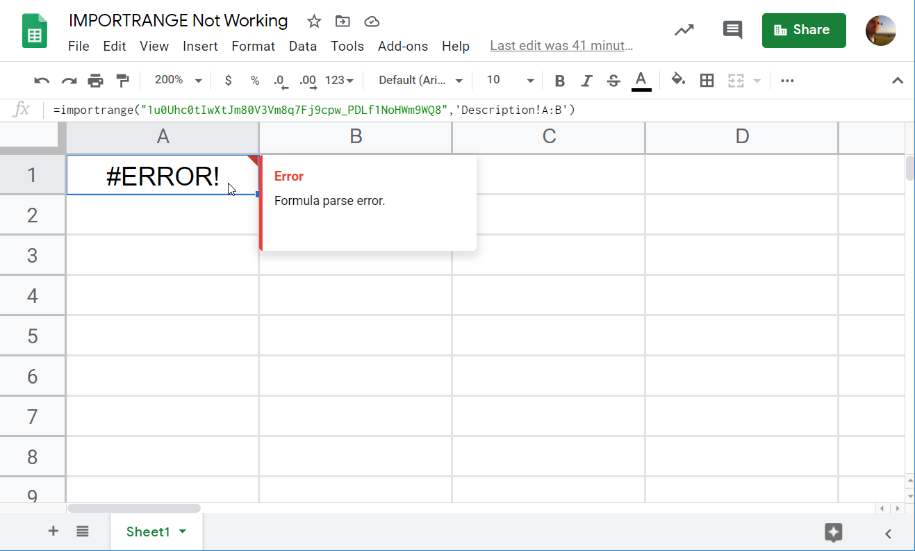 IMPORTRANGE Formula Parse Error