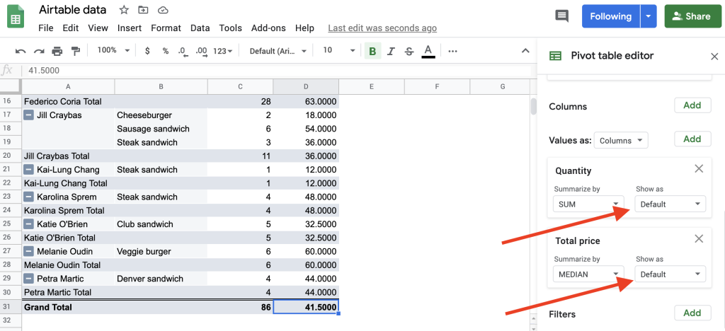 Default view of values in pivot tables