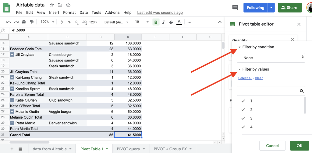 Filter by condition and by value in pivot tables