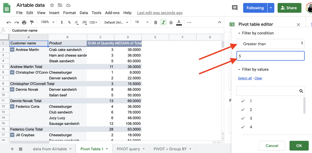 Define the rule to filter by in pivot tables