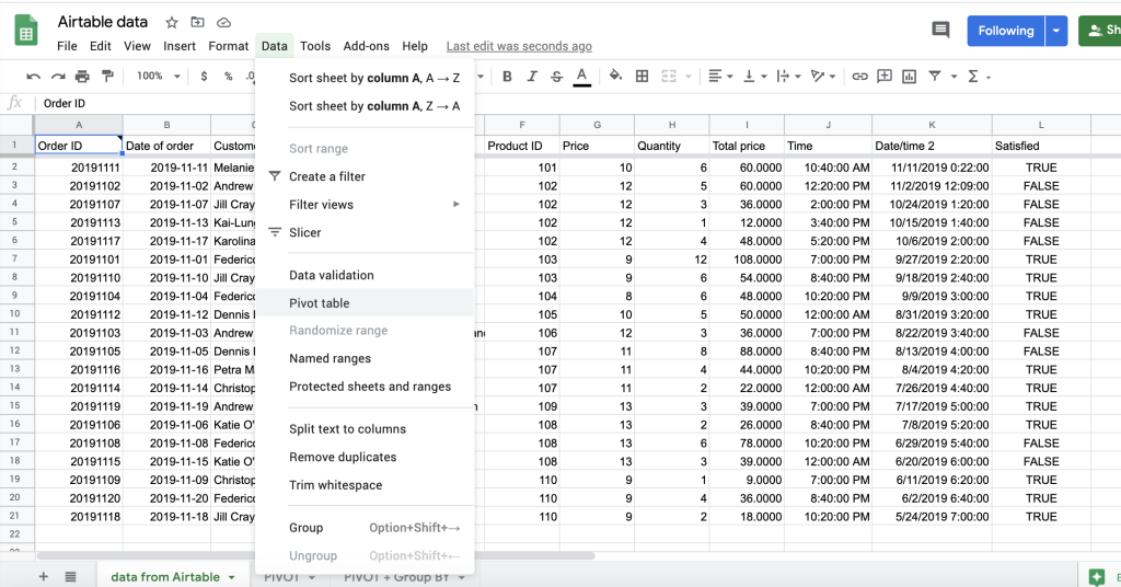 Click the menu Data > Pivot table.