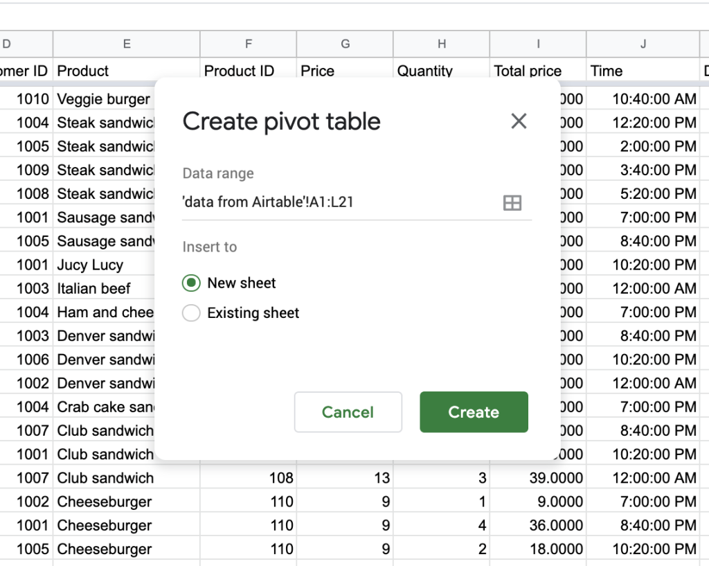 Insert a pivot table to a new sheet or existing sheet