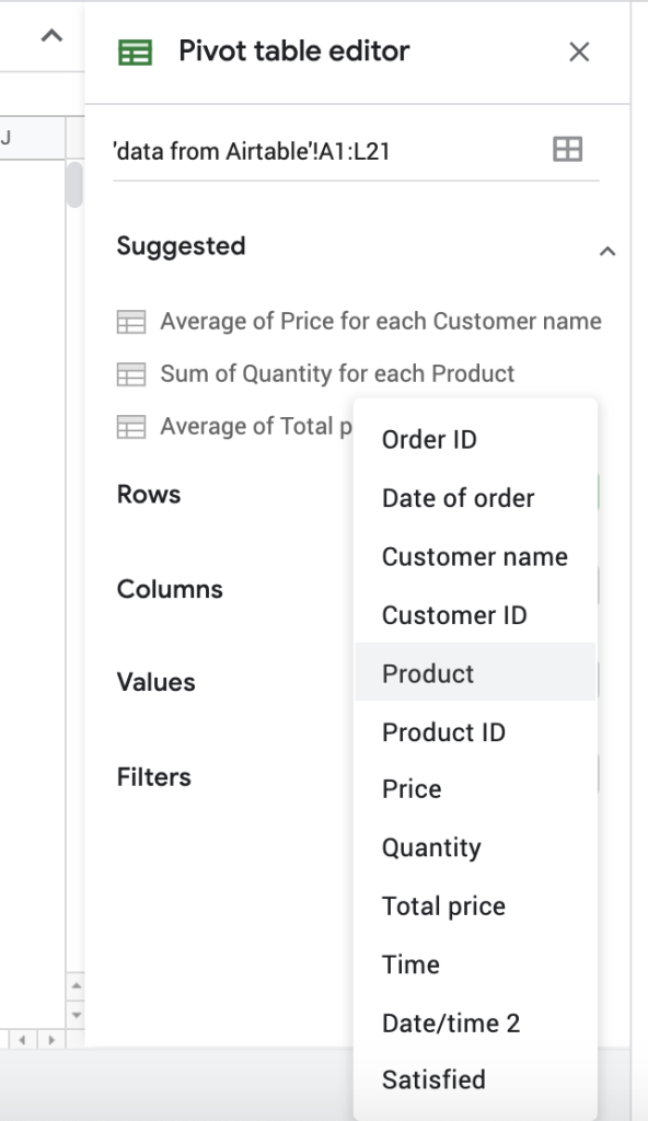 Pivot table editor