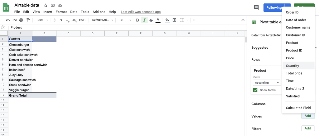 Add the "Quantity" as a Value to your pivot table