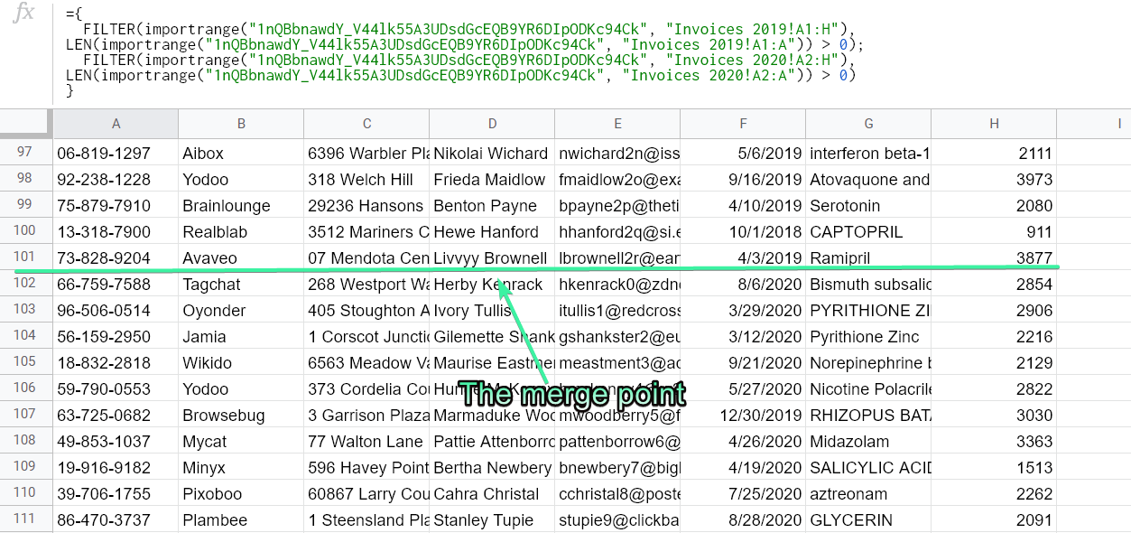 Merge sheets from another spreadsheet into one with FILTER + IMPORTRANGE