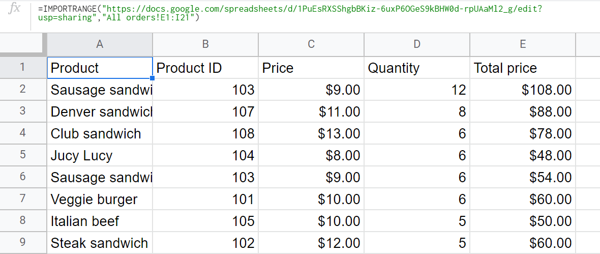 IMPORTRANGE formula example