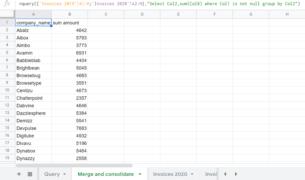 Combine sheets into one and consolidate data with QUERY