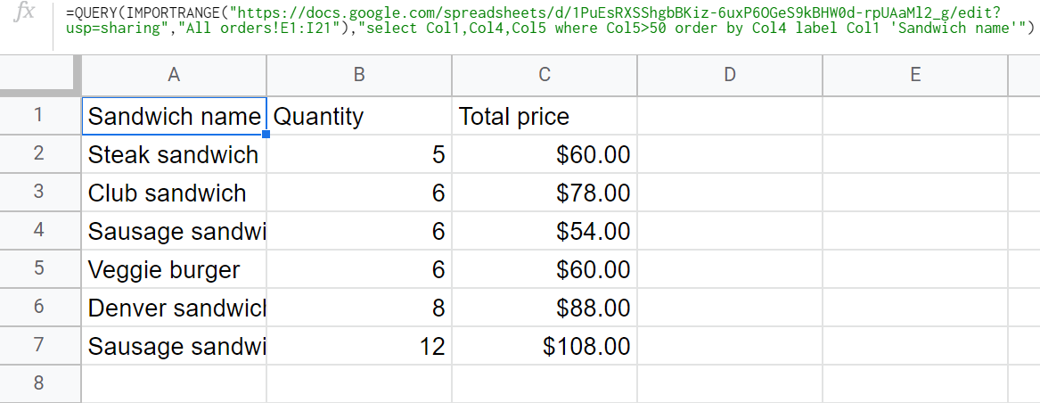 QUERY+IMPORTRANGE formula example
