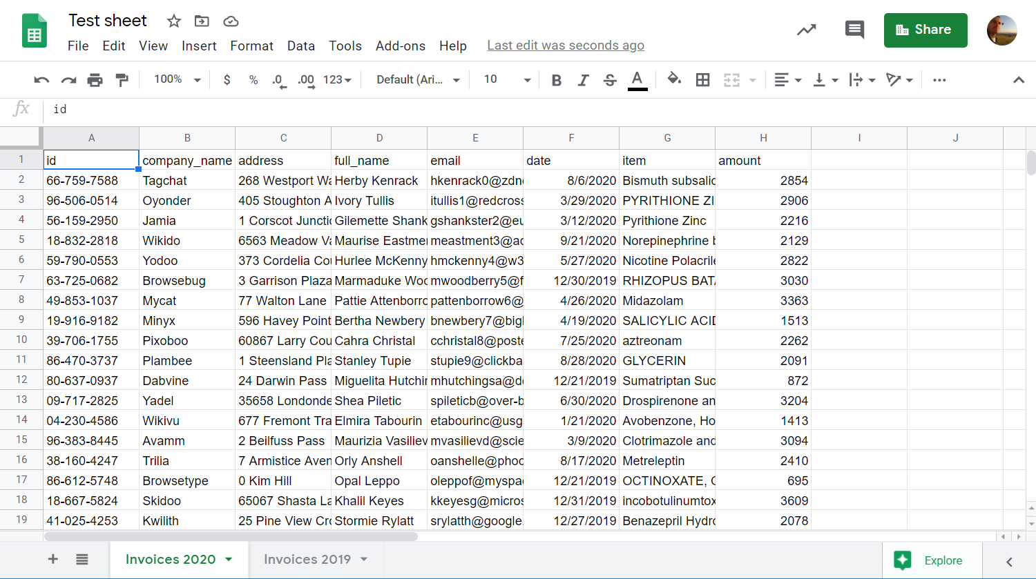 A Google Sheets doc with two sheets: Invoices 2019 and Invoices 2020