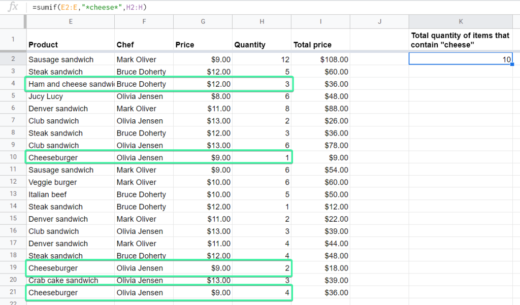 SUMIF by partial match formula example