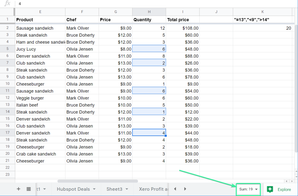 How to learn the sum without any formulas in Google Sheets