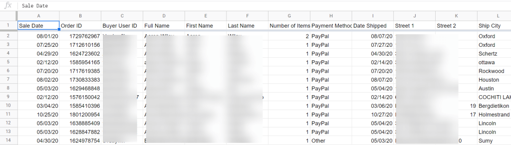 Etsy CSV orders report imported to Google Sheets