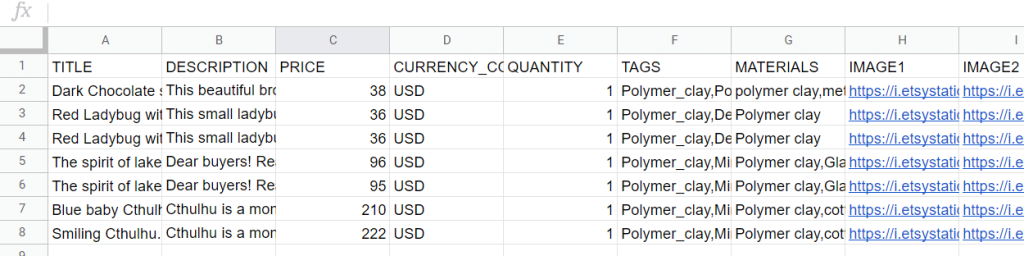 Etsy currently for sale listings (products) imported to Google Sheets