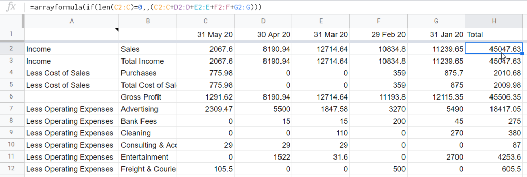 Sum multiple rows with ARRAYFORMULA