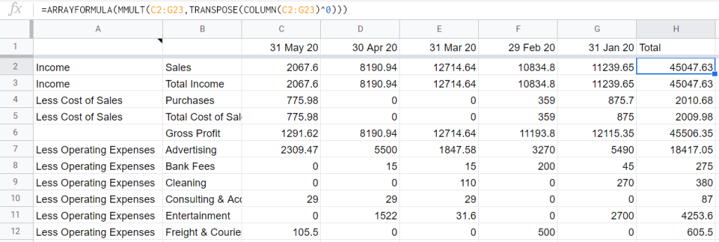 Sum multiple rows with ARRAYFORMULA, MMULT, TRANSPOSE, and COLUMN