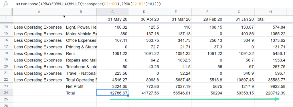 SUM multiple columns in one row