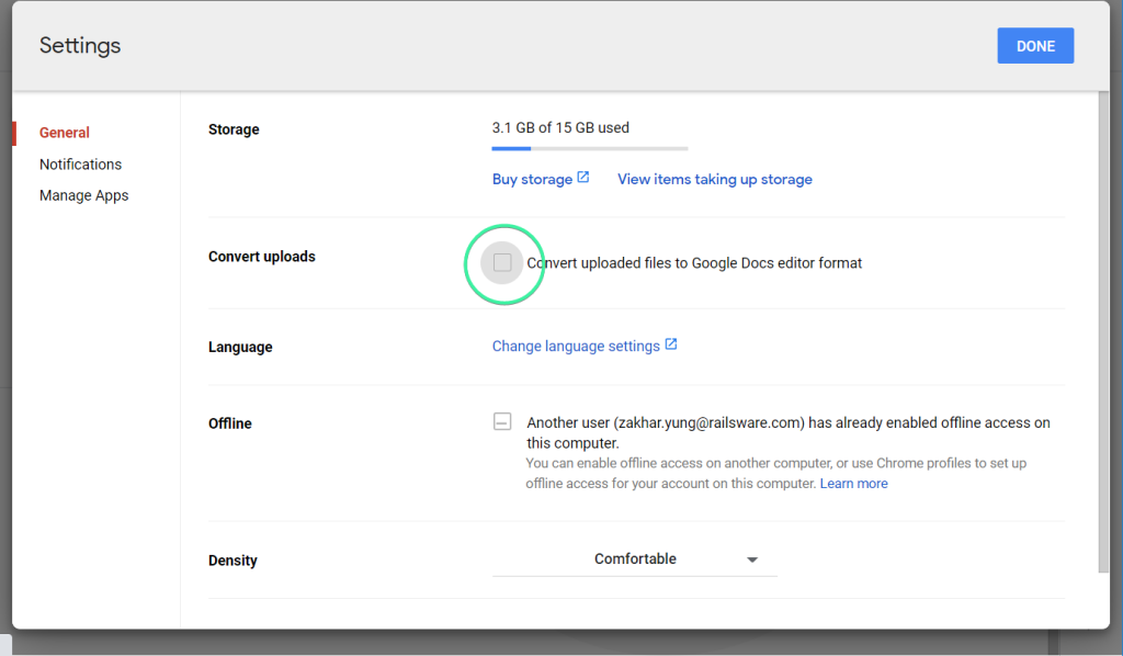 Disable the Convert uploads feature on Google Drive