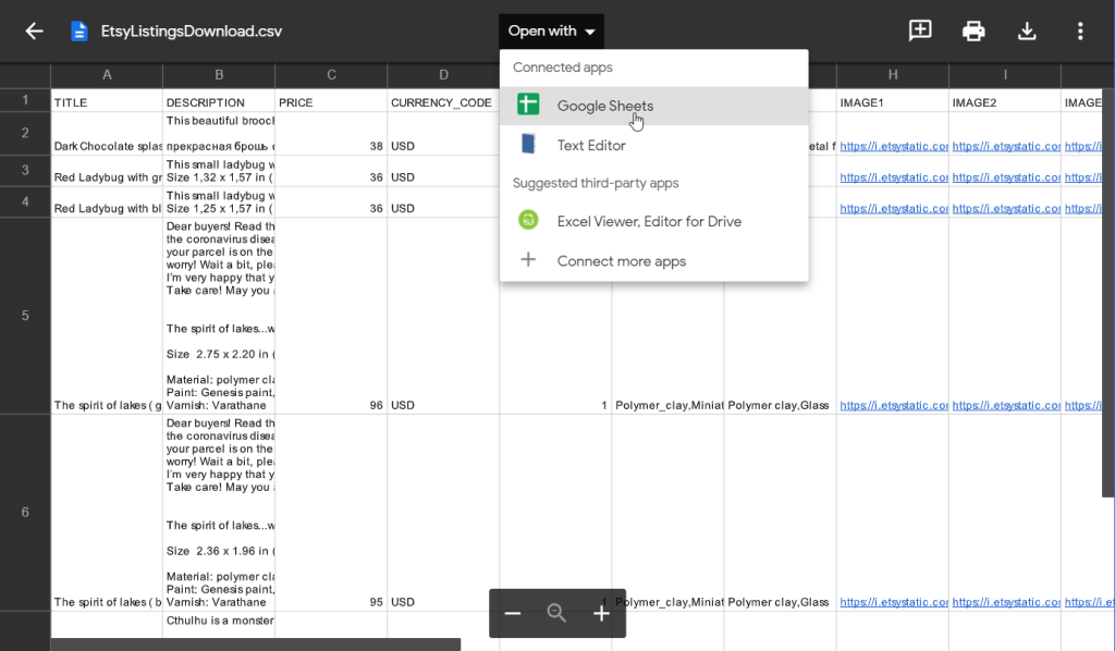Open a CSV file on Google Drive with Google Sheets