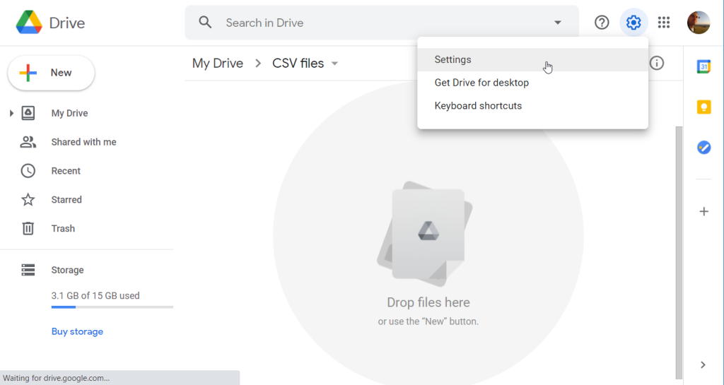 The Settings menu on Google Drive