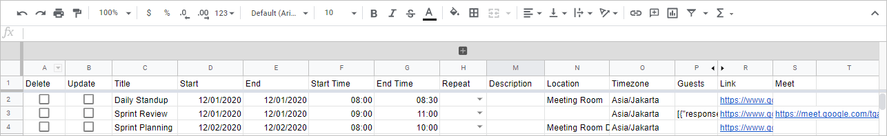 Mit Sheets2GCal importierte Calendar daten