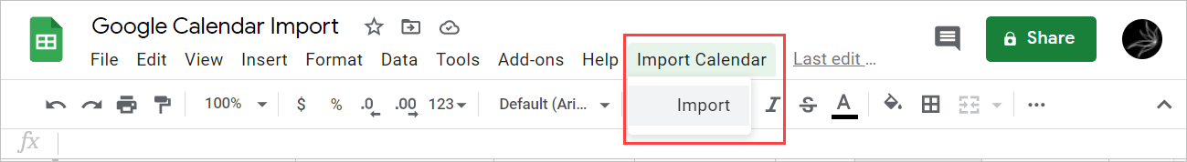 Das Menü „Calendar“ importieren wurde zu Ihrer Google Tabelle hinzugefügt.