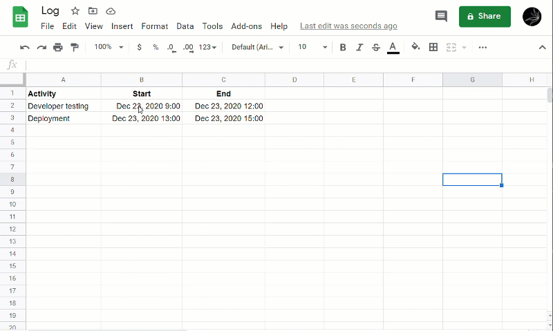 Formatieren von Daten in Google Sheets für den Export in Google Calendar