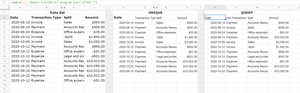 QUERY formula to remove duplicates on multiple columns