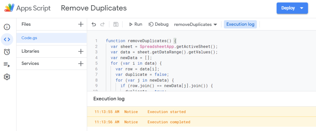 Duplicate removal function execution completed
