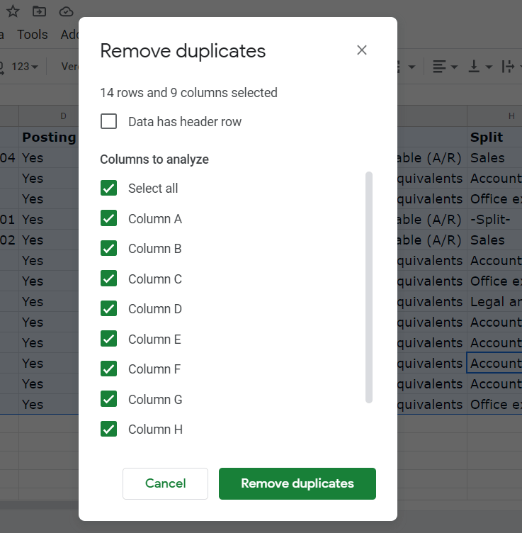Select columns to analyze for duplicates and remove duplicate entries