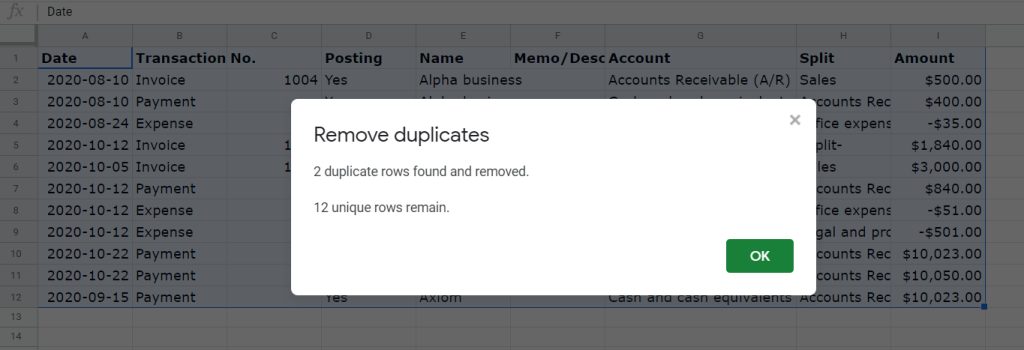 Duplicates found and removed from your data set in Google Sheets