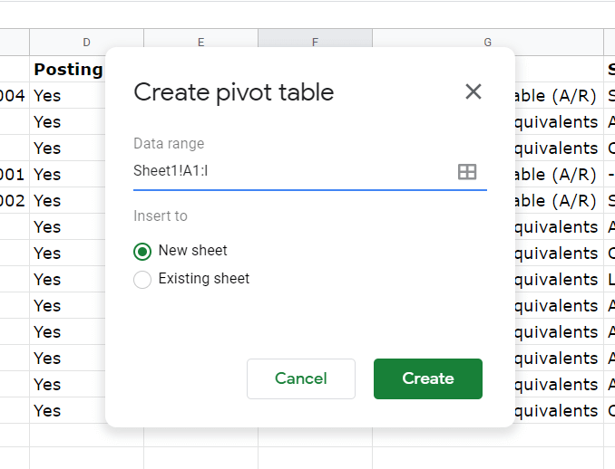 Create a pivot table in a spreadsheet