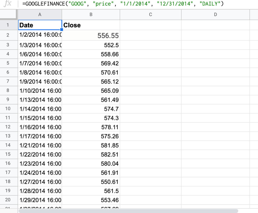 GOOGLEFINANCE function formula example