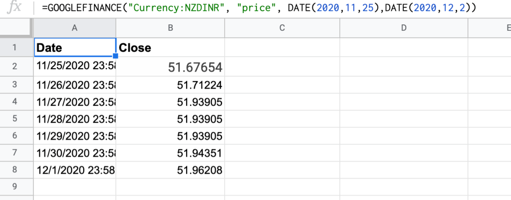 Import historical currency exchange rates with GOOGLEFINANCE