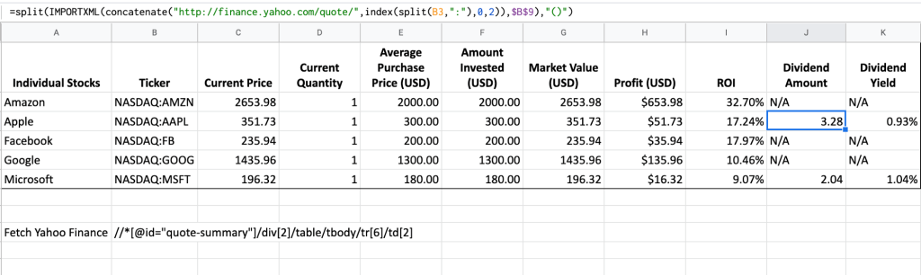 Advanced IMPORTXML formula, which imports the dividend and yield, and then split them into two different columns