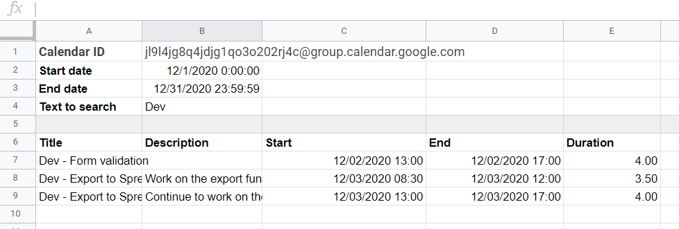 Mit Apps Script importierte Calendar daten