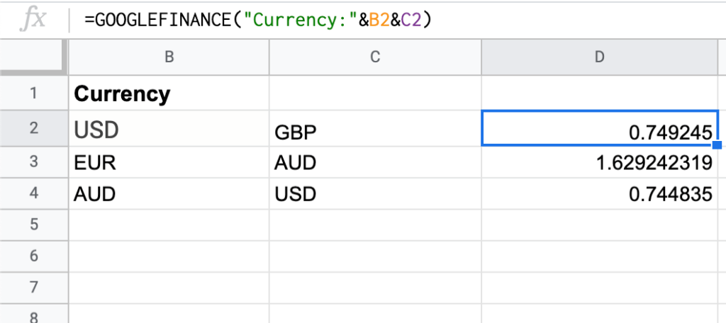 GOOGLEFINANCE currency formula example